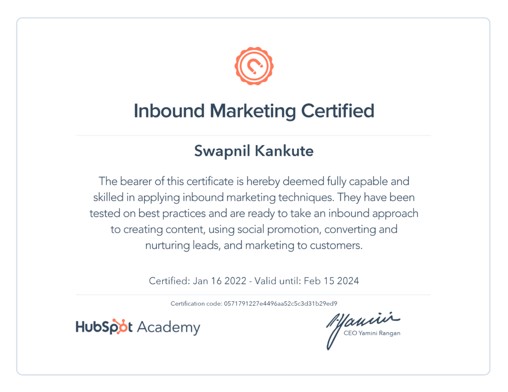 Inbound Marketing Certified Swapnil Kankute